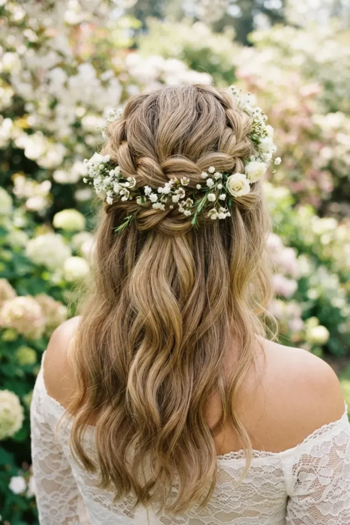 Floral-crown structural half-up hairstyle with small white flowers woven into the braided crown section, spring garden background