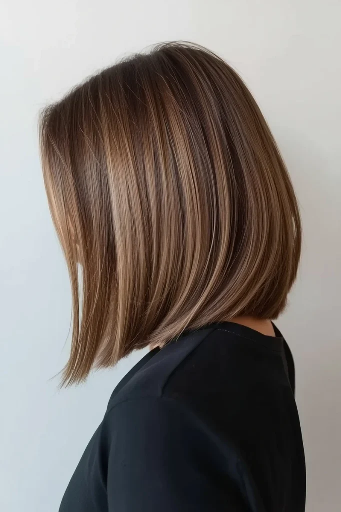 Long bob (lob) haircut with sleek blunt ends, three-quarter back view