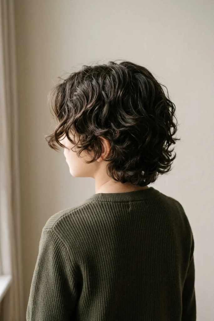 Textured curtain cut haircut on young boy with natural waves, side profile