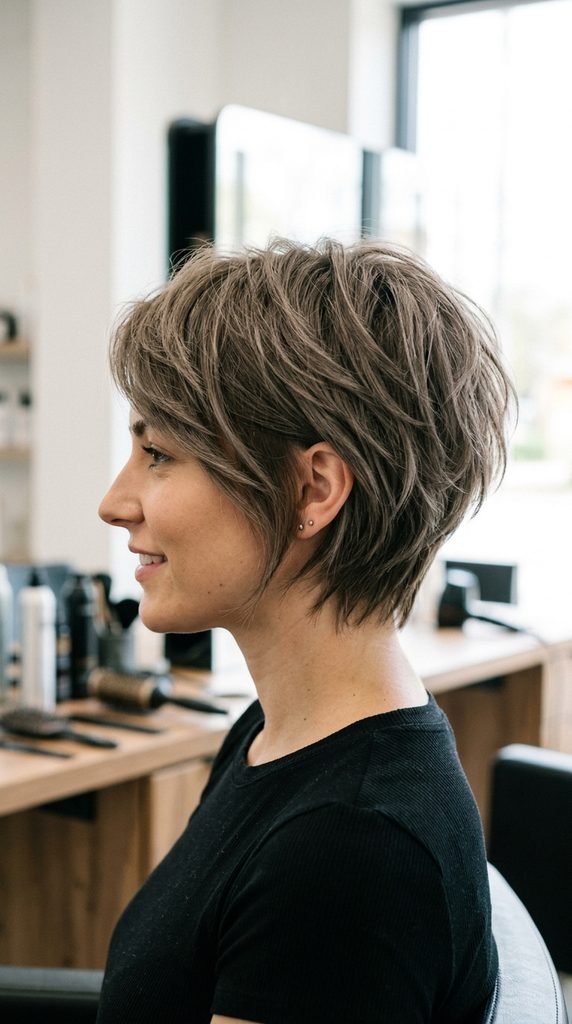 Bixie haircut blending bob and pixie with textured movement, side profile