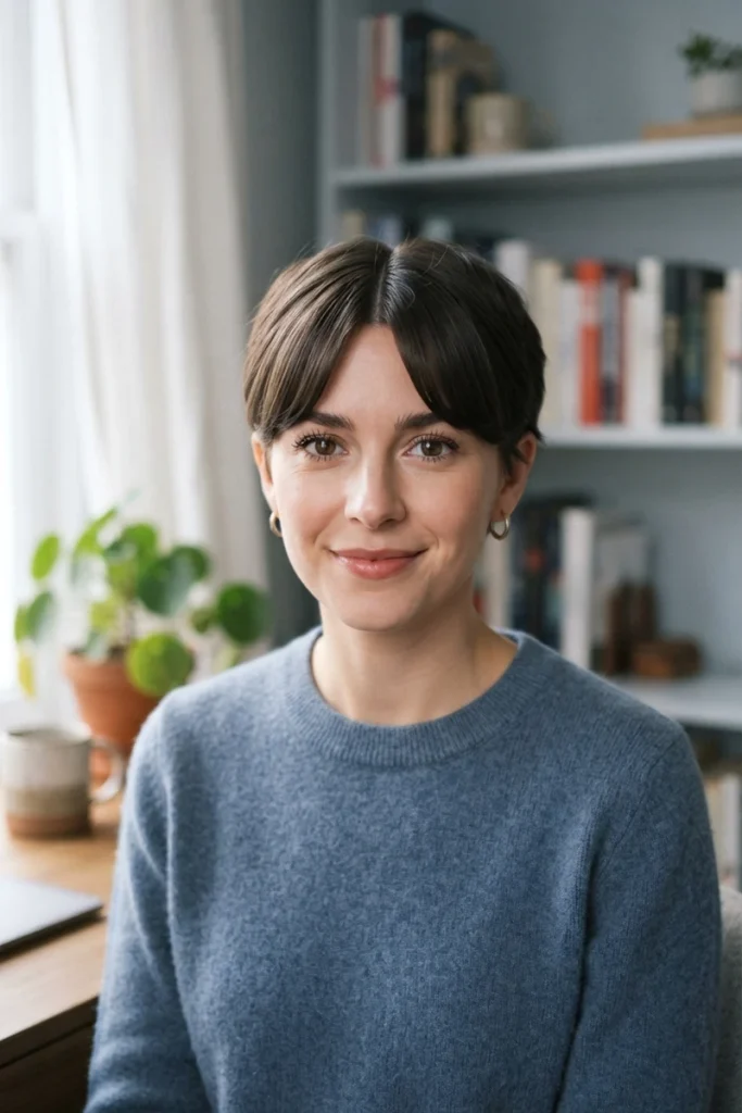 Curtain bang pixie haircut with center part framing the face, front view