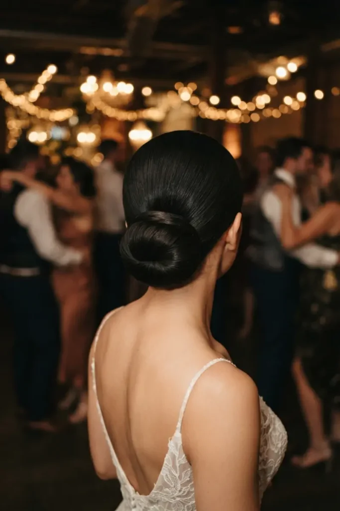 Dance-floor-secure reception hairstyle with a flat, tightly tucked low bun and zero loose strands, dance floor background with string lights