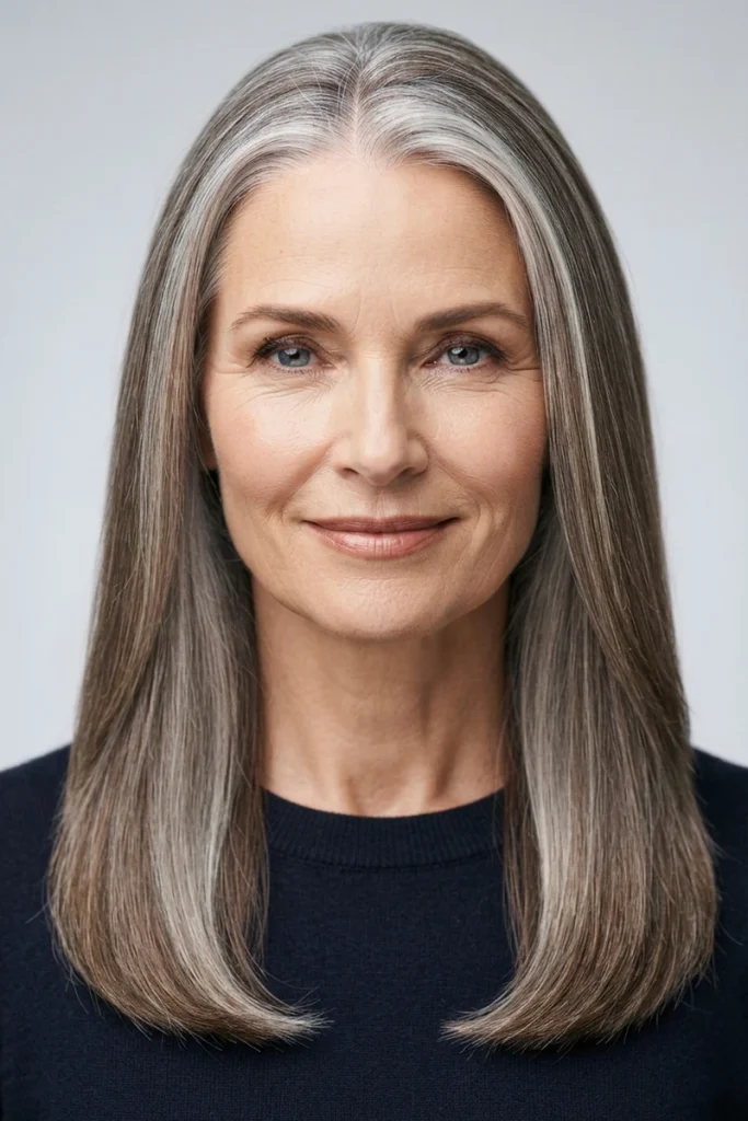 Natural gray blending with silver strands woven through brown hair, front view