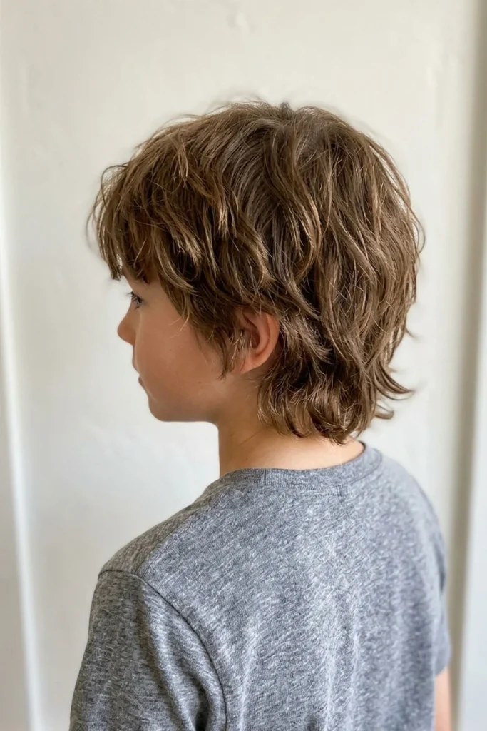Modern shag haircut with layered texture and fringe on young boy, side profile