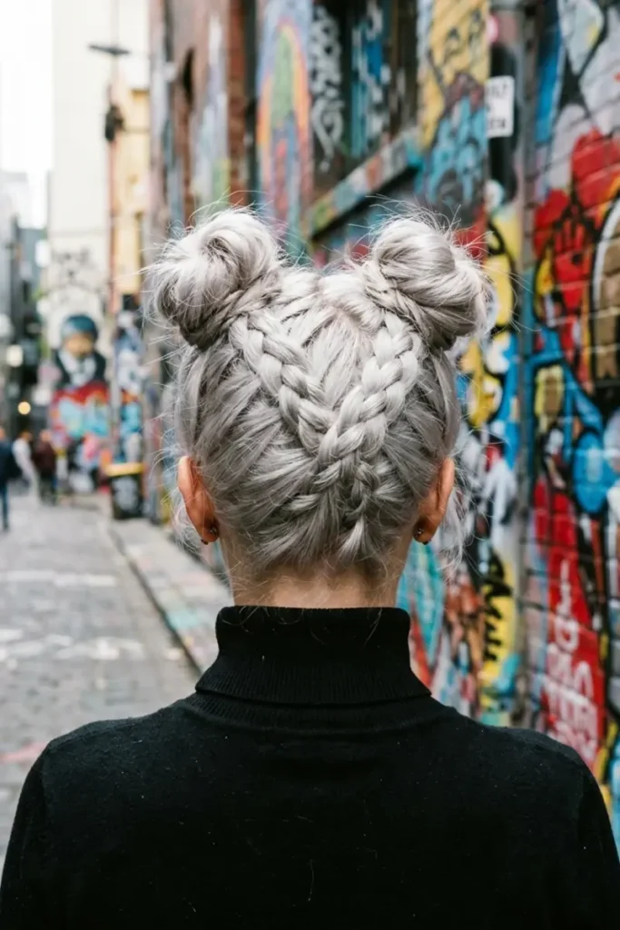 Double Dutch braids into space buns, raised texture visible at bun base, graffiti wall background