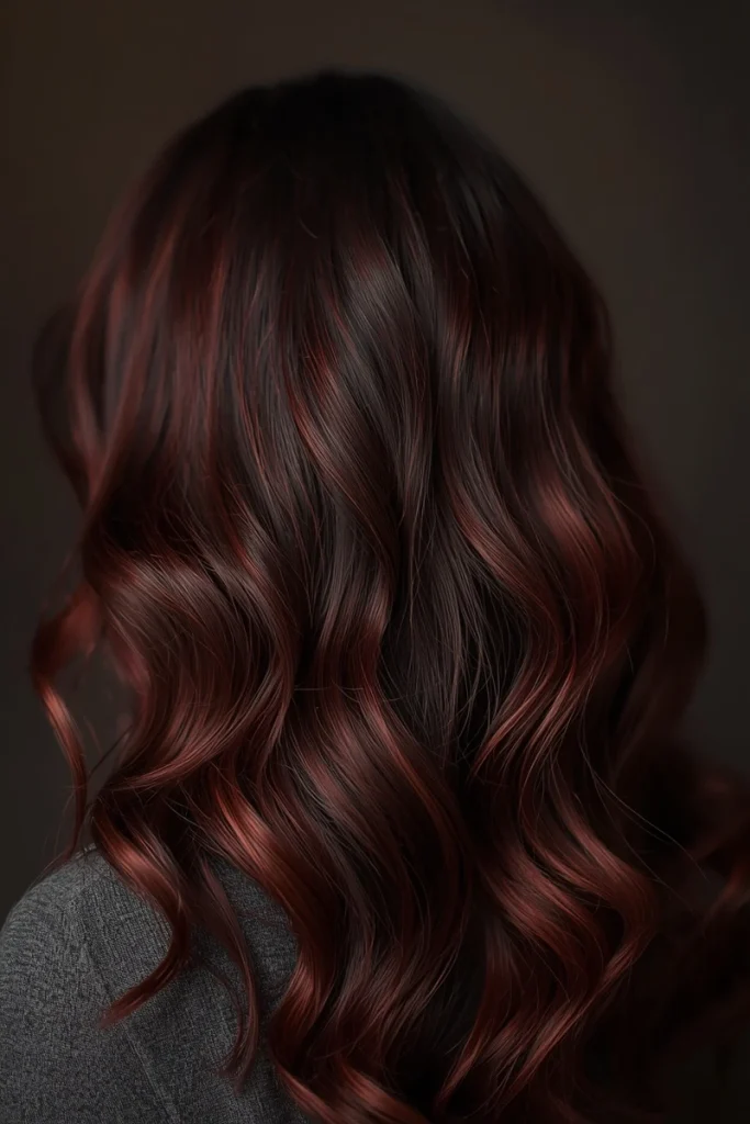 Deep burgundy and wine-red highlights woven through dark brown hair, back view"