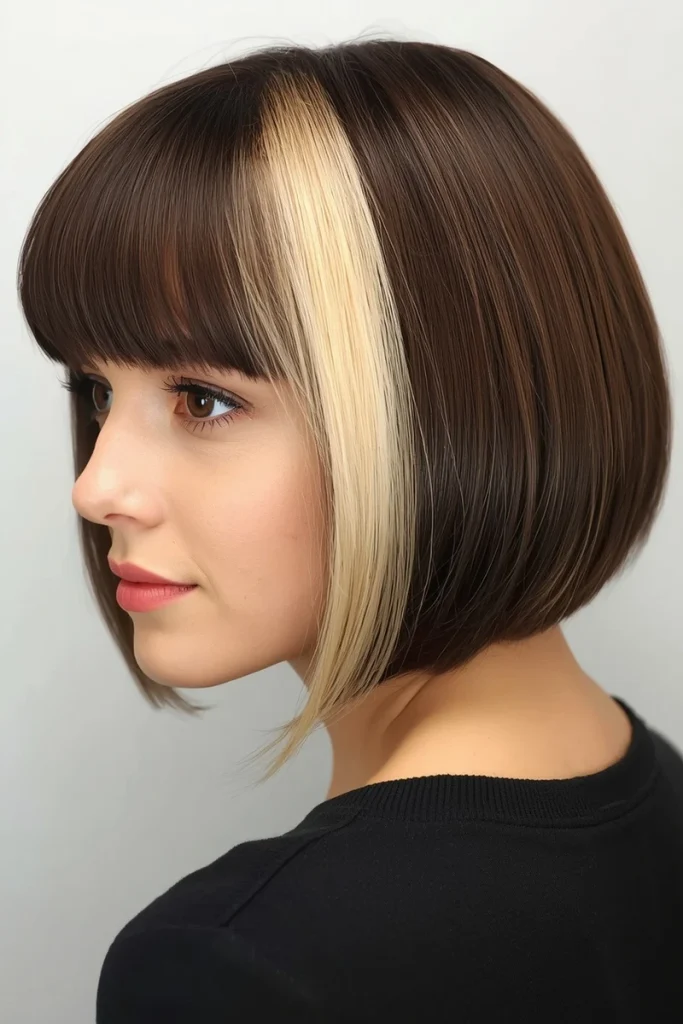 Bob haircut with money-piece blonde highlights framing the face