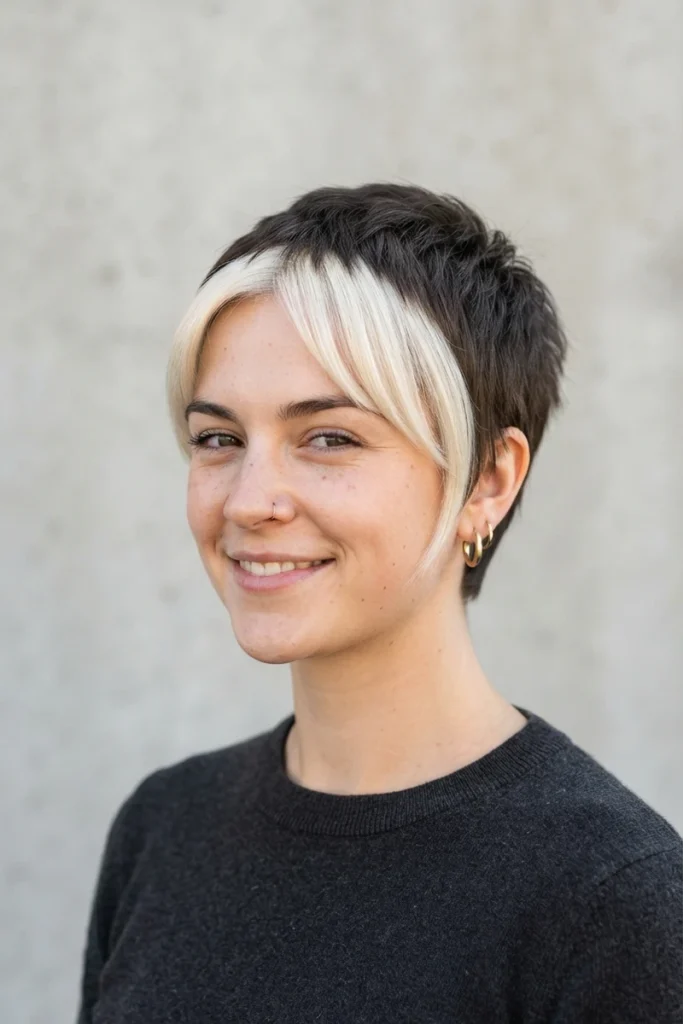 Money-piece pixie haircut with contained platinum panel framing the face, front view