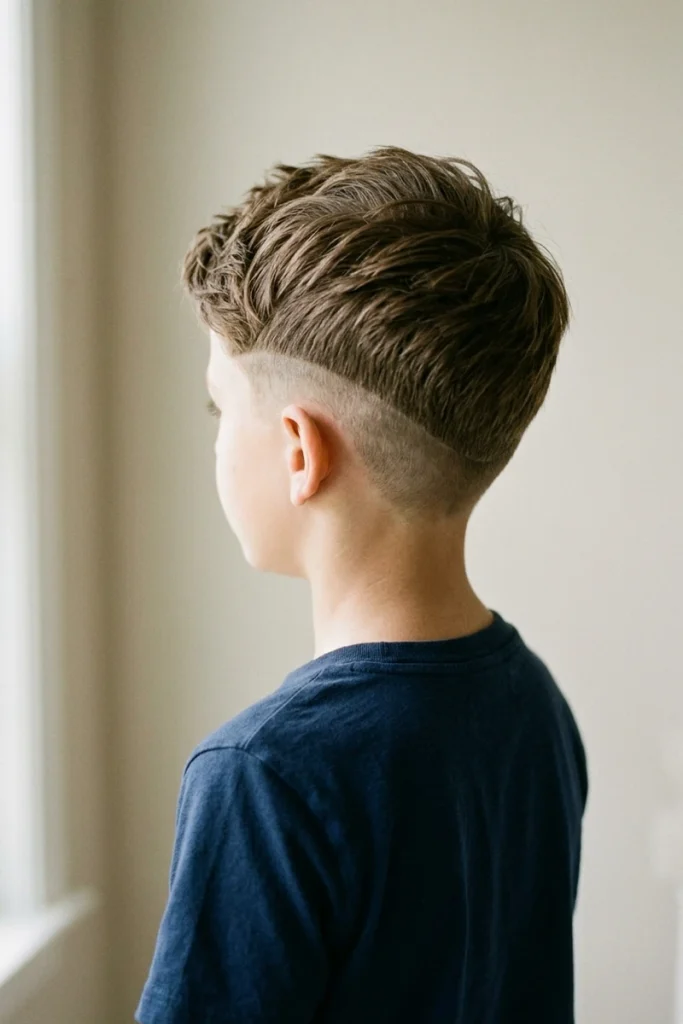 Undercut hairstyle with sharp contrast and textured top on young boy, side profile