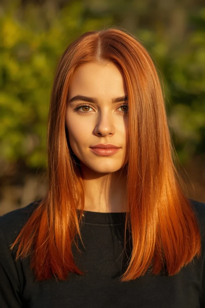 All-over vivid copper orange hair color, front view