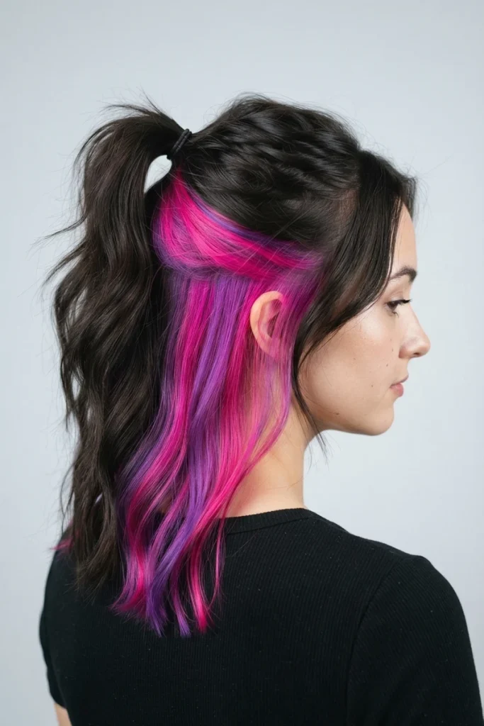 Hidden pink and purple peekaboo highlights underneath dark hair, back view