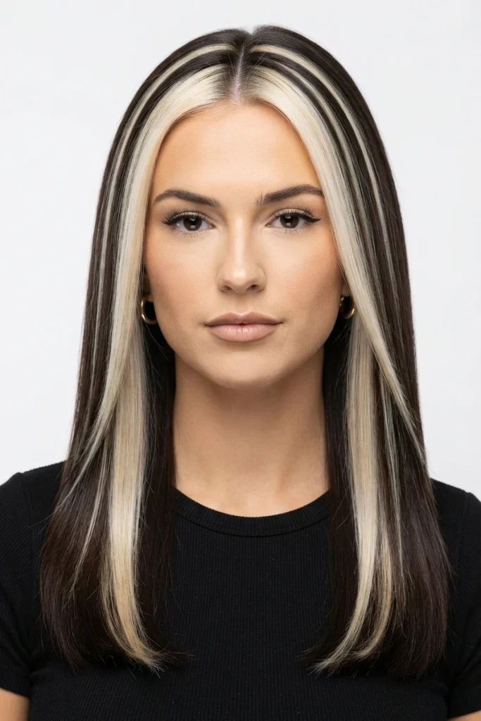 Bold chunky blonde contrast highlights framing dark hair, front view