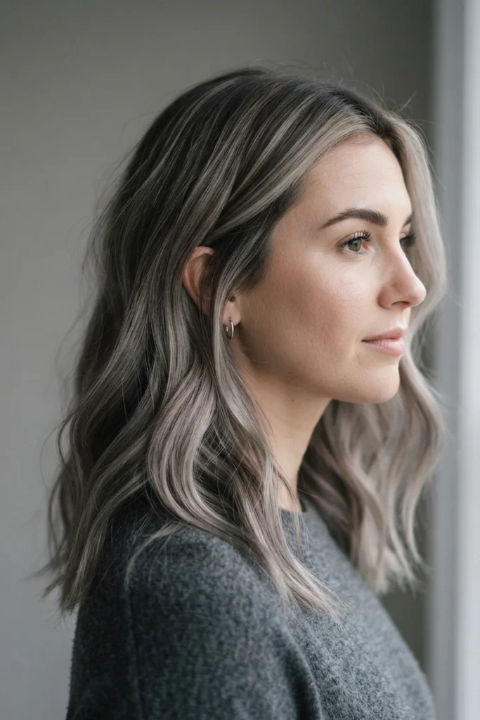 Ash blonde highlights on dark hair, cool-toned, side profile