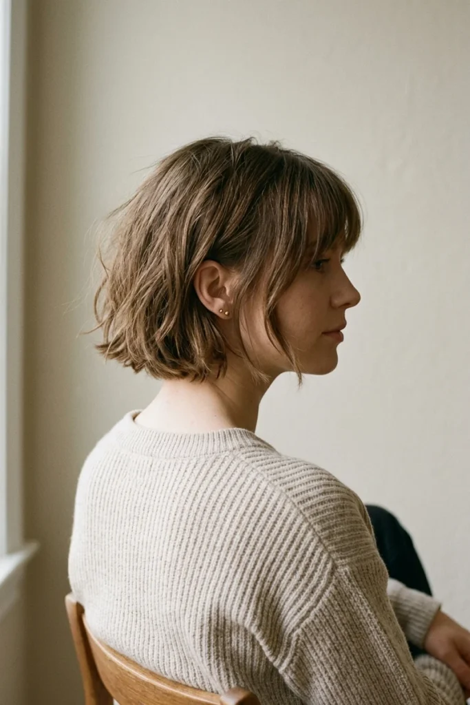 French bob haircut with soft eyebrow-grazing fringe, tousled texture, side profile
