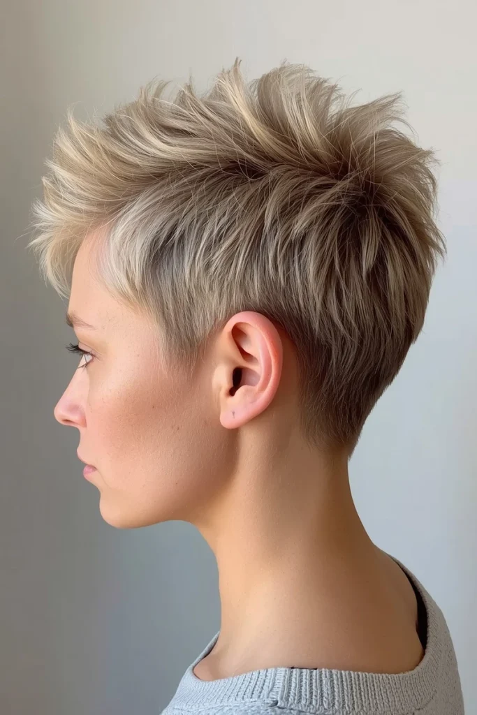Textured pixie haircut with height at the crown, tapered sides, side profile