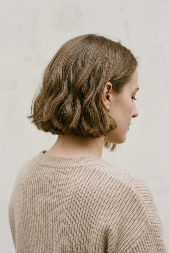Chin-length bob haircut with soft waves, balanced everyday look, side profile