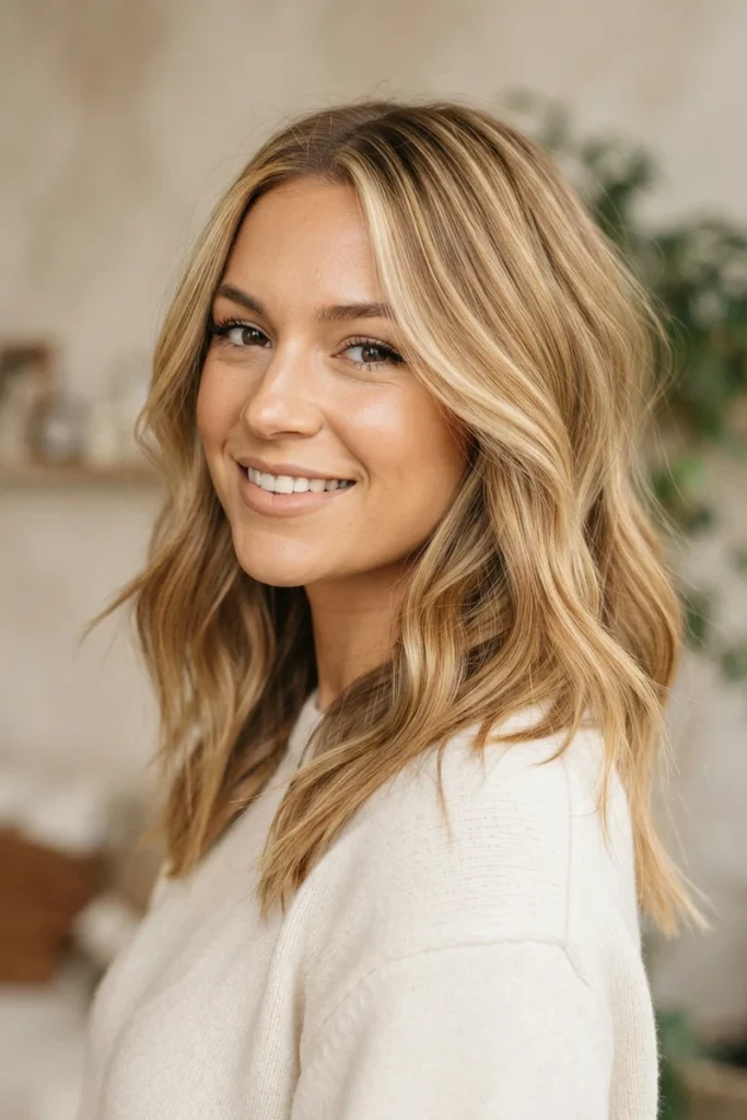 Honey blonde highlights framing the face, three-quarter view