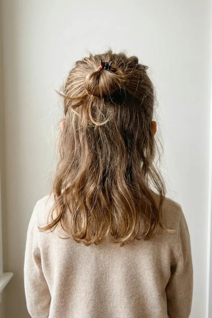 Messy half-up bun with clip, loose wavy hair flowing down, back view