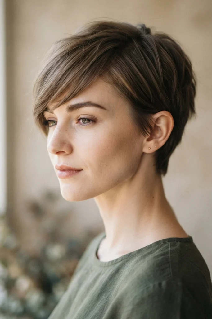 Pixie haircut with side-swept angled fringe, three-quarter front view