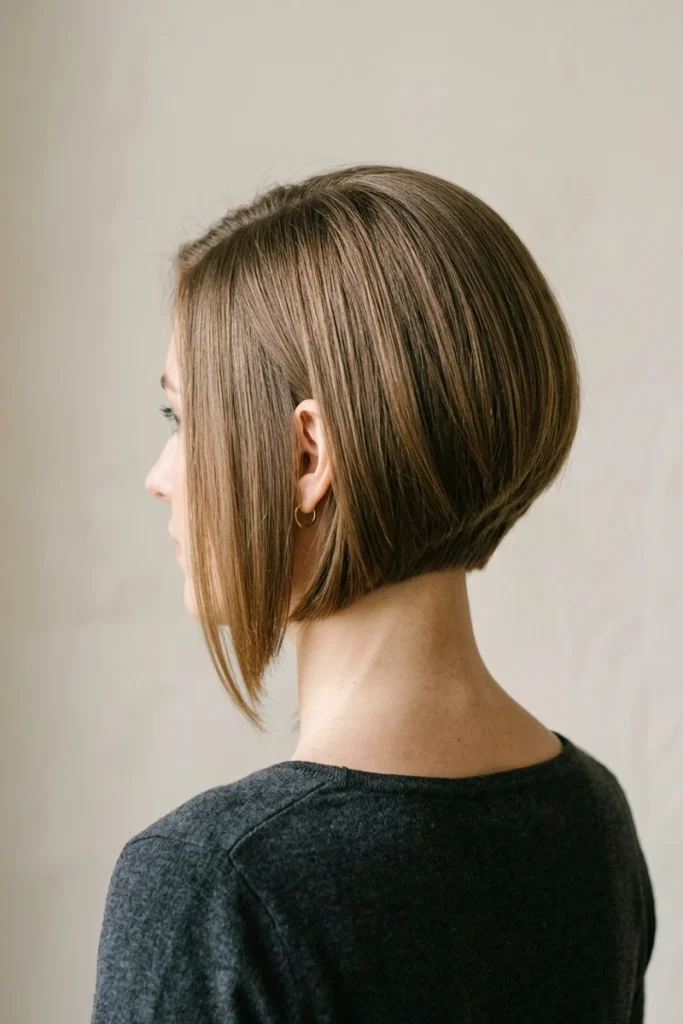 A-line bob haircut with diagonal length graduation, structured silhouette, side profile