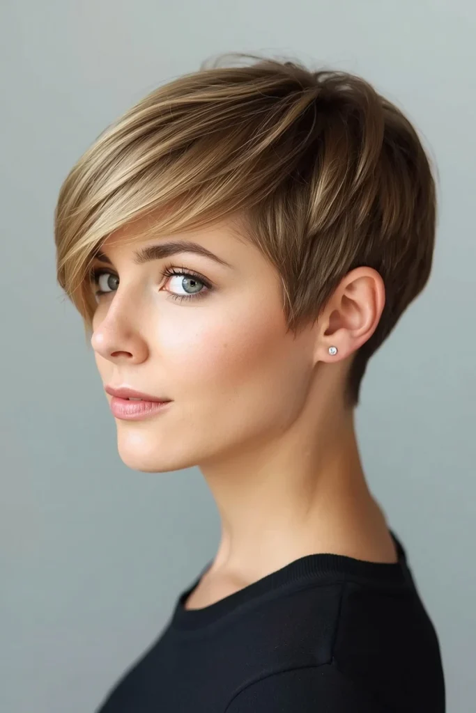 Pixie haircut with longer length on top falling toward the temple, three-quarter front view