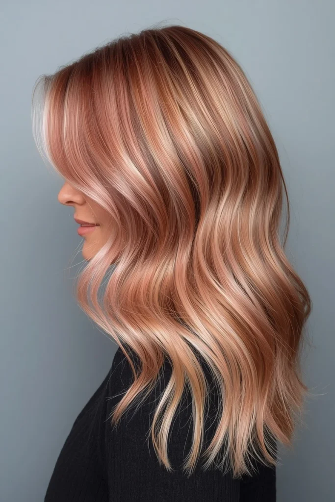 Rose gold highlights with pink and gold tones, side profile