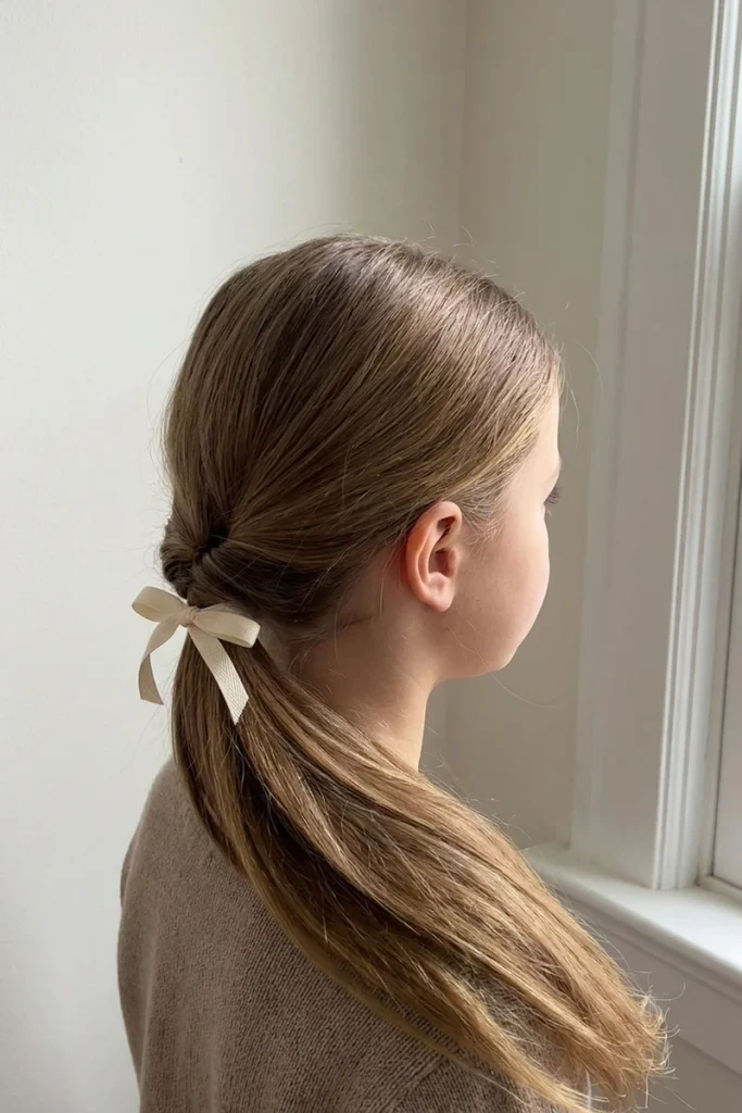 Twisted side ponytail with ribbon bow, side profile view