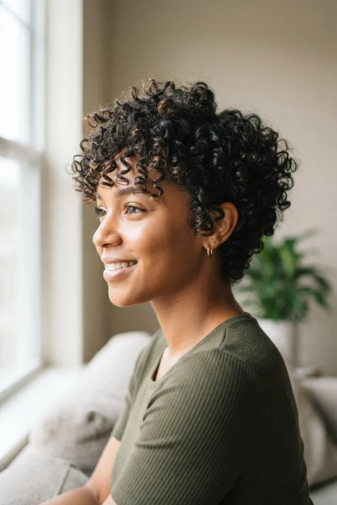 Diffused curly pixie haircut with defined natural curls, side profile