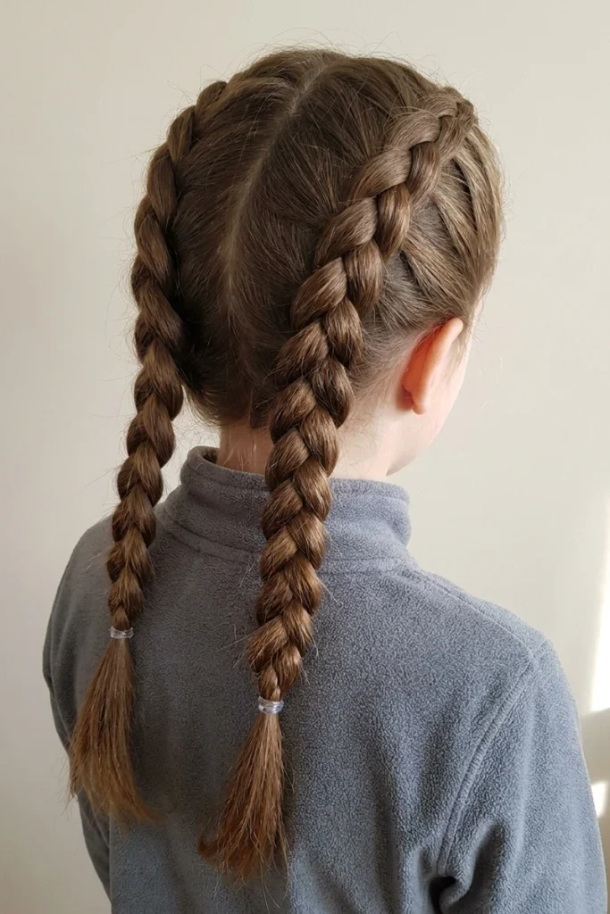 Two raised Dutch braids from center part, sporty kids hairstyle, back view