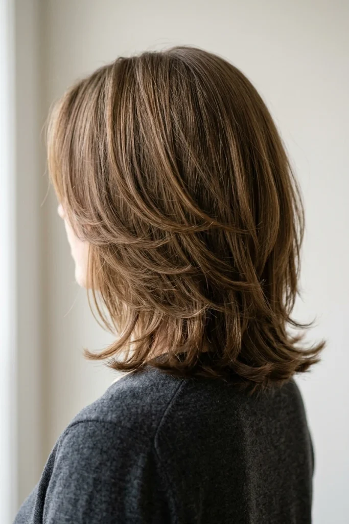 Layered bob haircut with visible layers and movement, side profile