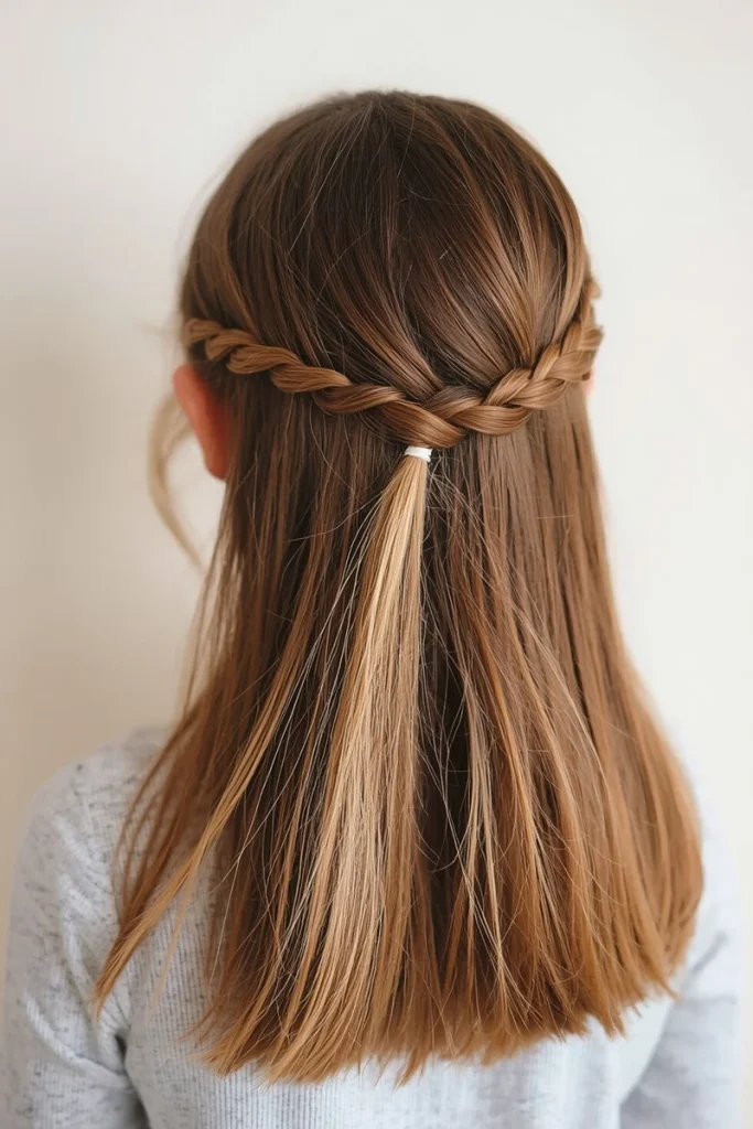 Braided headband style running ear to ear with hair down, back view