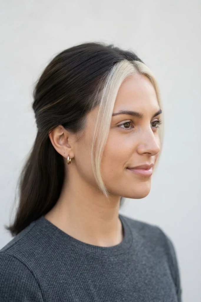 Money-piece hair color with contained lightened panel at the front, three-quarter view