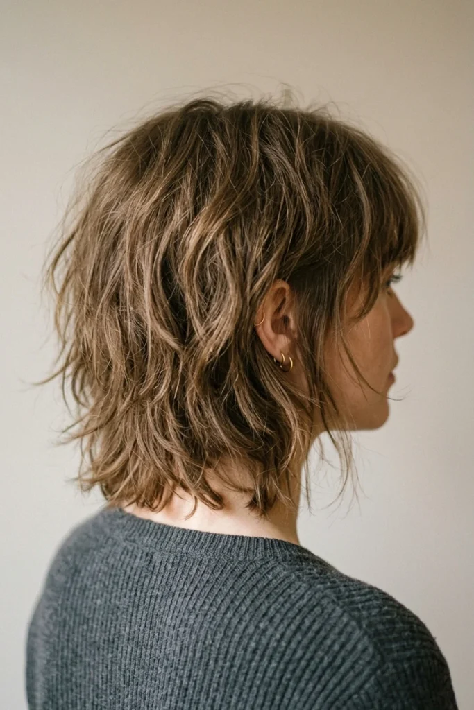 Shaggy bob haircut with choppy texture and wispy fringe, tousled finish, side profile