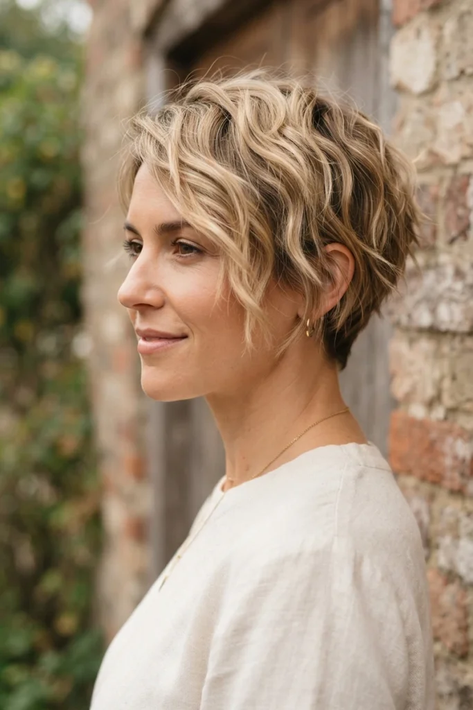 Tousled wavy pixie haircut with natural air-dried texture, side profile