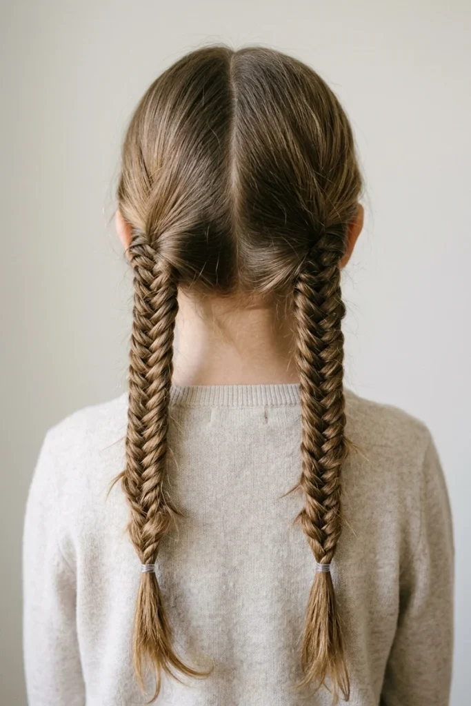 Two fishtail braid pigtails with textured zigzag weave, back view