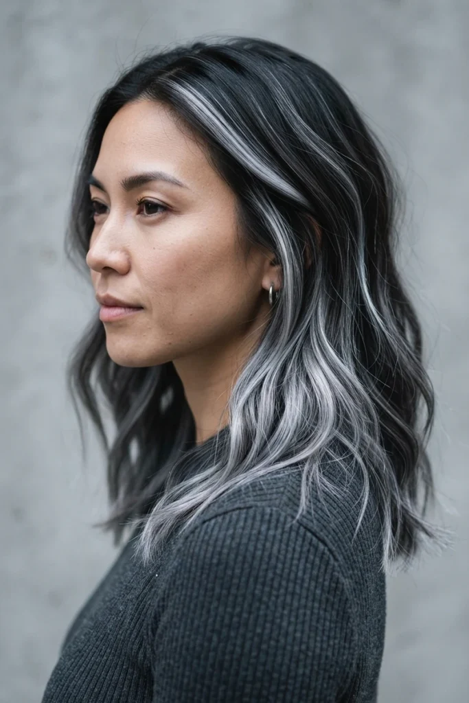 Silver grey highlights woven through dark hair, side profile