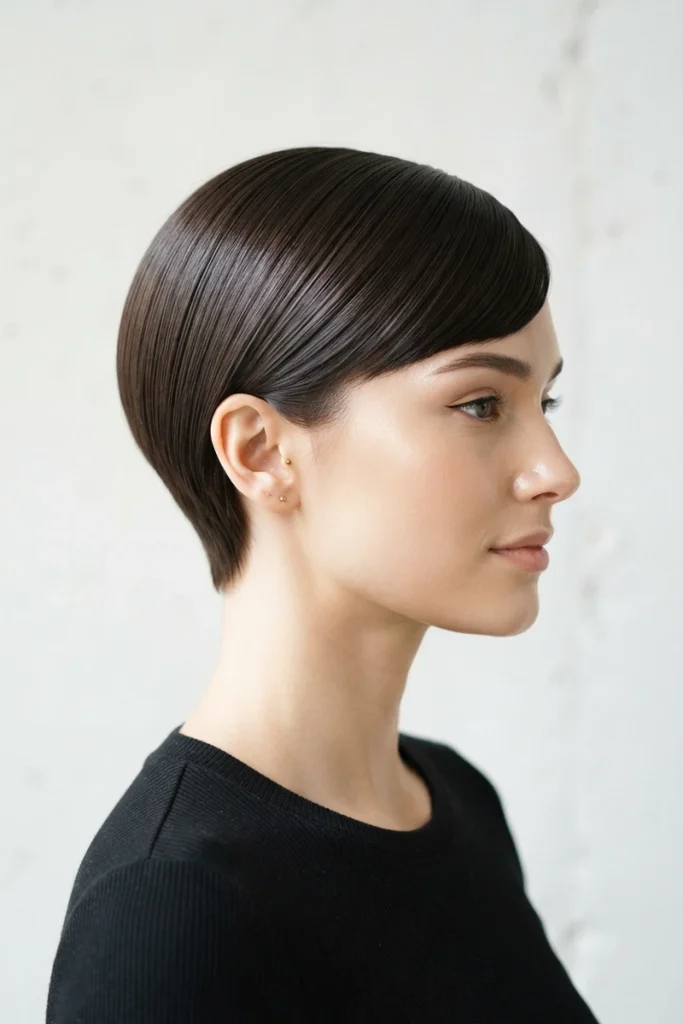 Sleek straight pixie haircut with glossy smooth finish, side profile