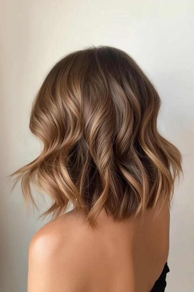 Wavy bob haircut with loose defined waves, glossy texture, back view