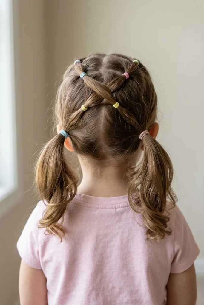 Criss-cross elastic pattern with colorful bands leading into two pigtails, back view