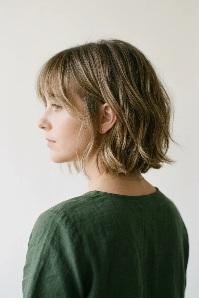Textured bob haircut with soft wispy bangs, side profile