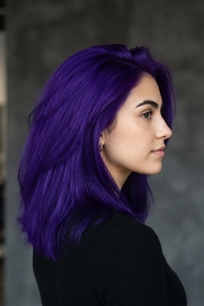 Vivid purple fashion color hair, fully saturated, side profile