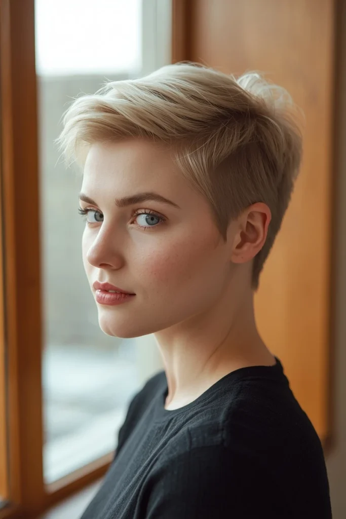 Volumizing pixie haircut for fine hair with lifted crown, three-quarter view