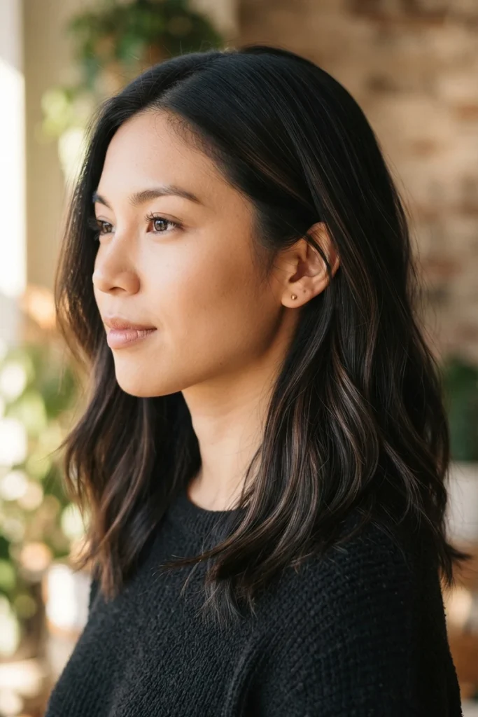Subtle chocolate brown highlights on black hair, side profile