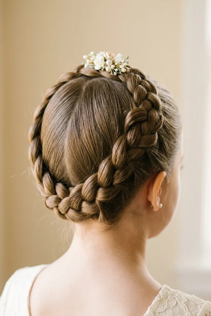 Elegant braided crown hairstyle with flower and pearl accent, back view