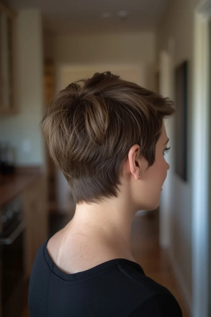 Low-maintenance tapered pixie haircut with natural texture, three-quarter back view