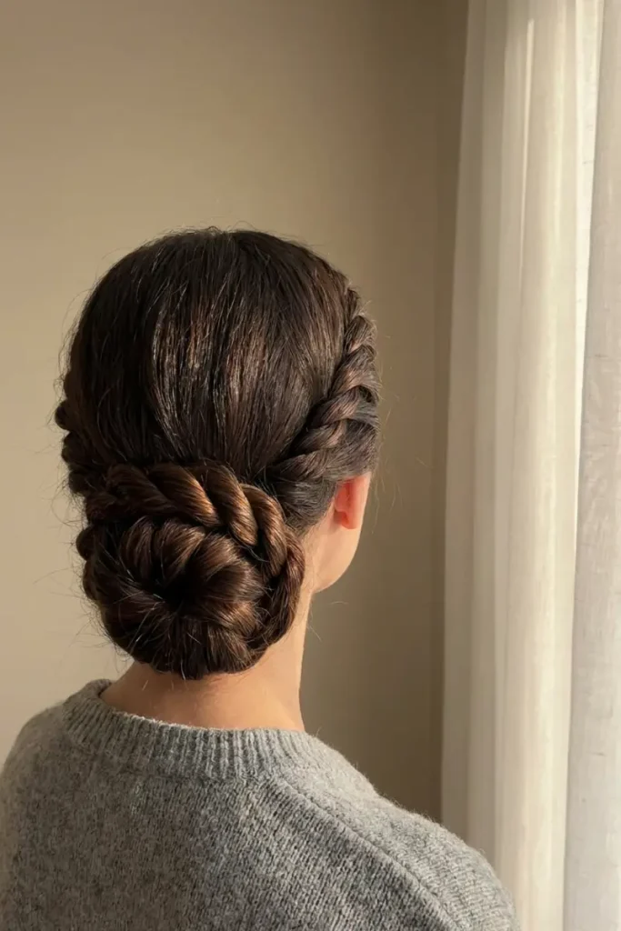 Twist-and-wrap bun hairstyle with visible twisted rope texture wrapped into a low bun