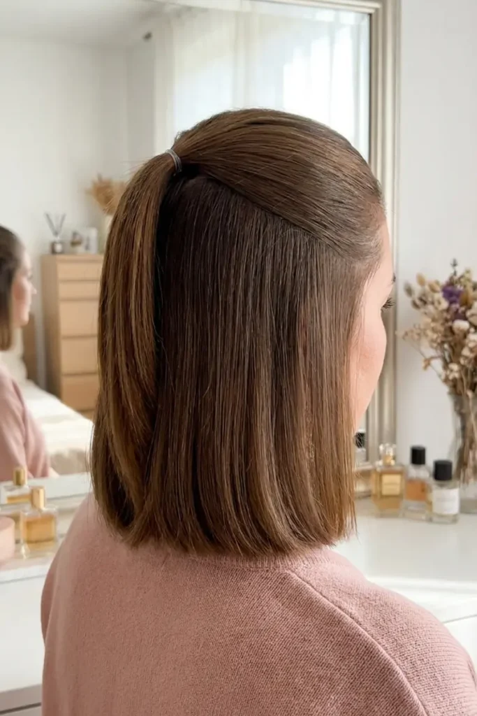 Half-up hairstyle for bob-length hair with small mini ponytail secured at crown, blunt-cut ends above the shoulders