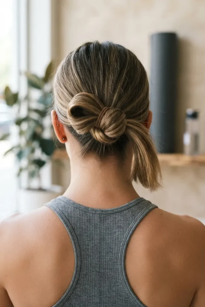 Loop-through bun hairstyle with hair pulled halfway through the elastic, creating a folded loop and separate tucked tail