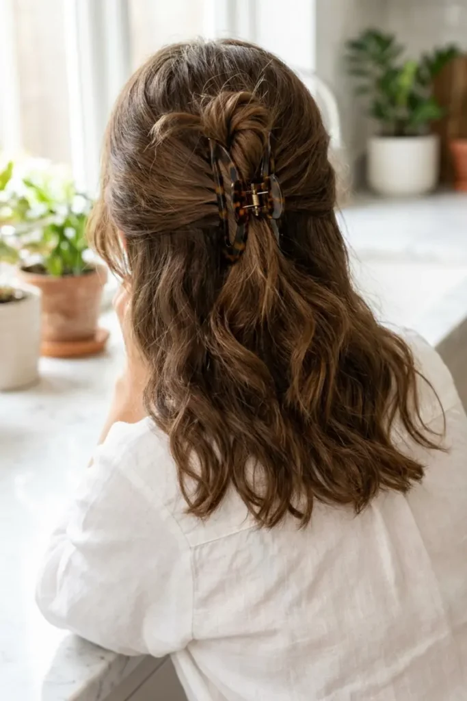 Half-up hairstyle secured with a tortoiseshell claw clip, loosely gathered top section with wavy hair falling below