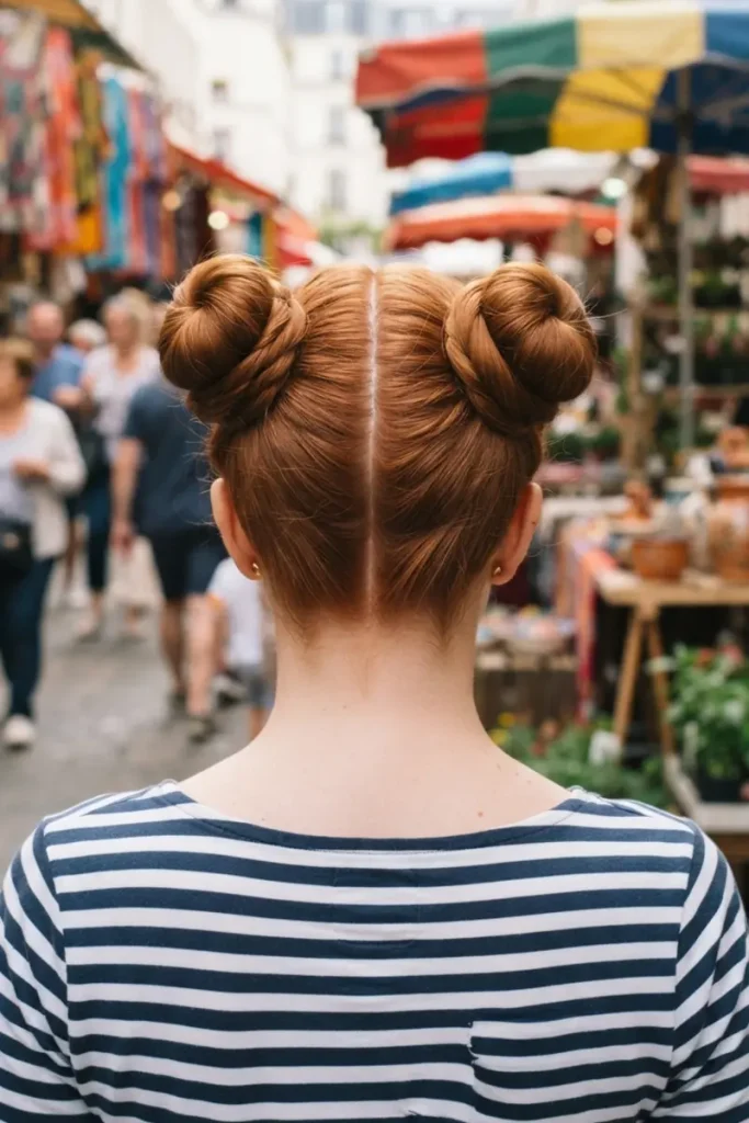 Space buns hairstyle with two perfectly symmetric twisted buns divided by a center part